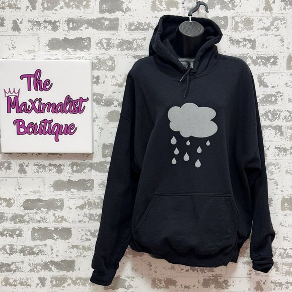 Rainy Days Hoodie – Black Pullover with Gray Rain Cloud Graphic for Cozy, Calm - Picture 2 of 4
